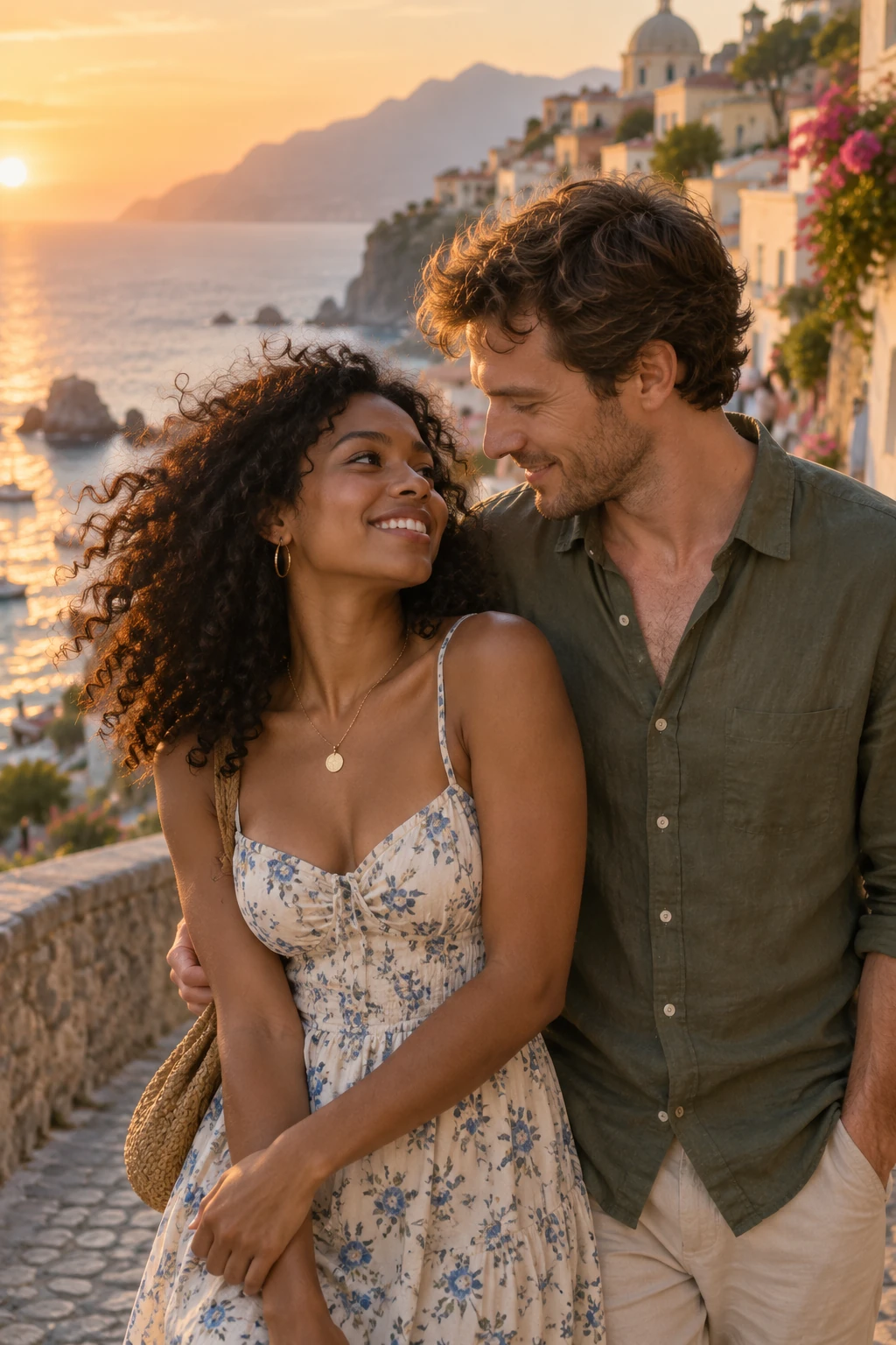 A Black woman and a white man share a romantic moment in a sunlit coastal town