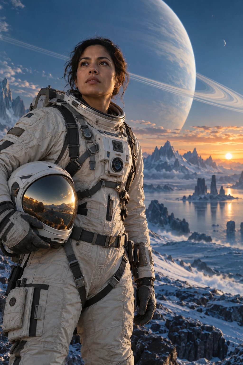 A Latina astronaut explores an otherworldly landscape beneath a ringed planet