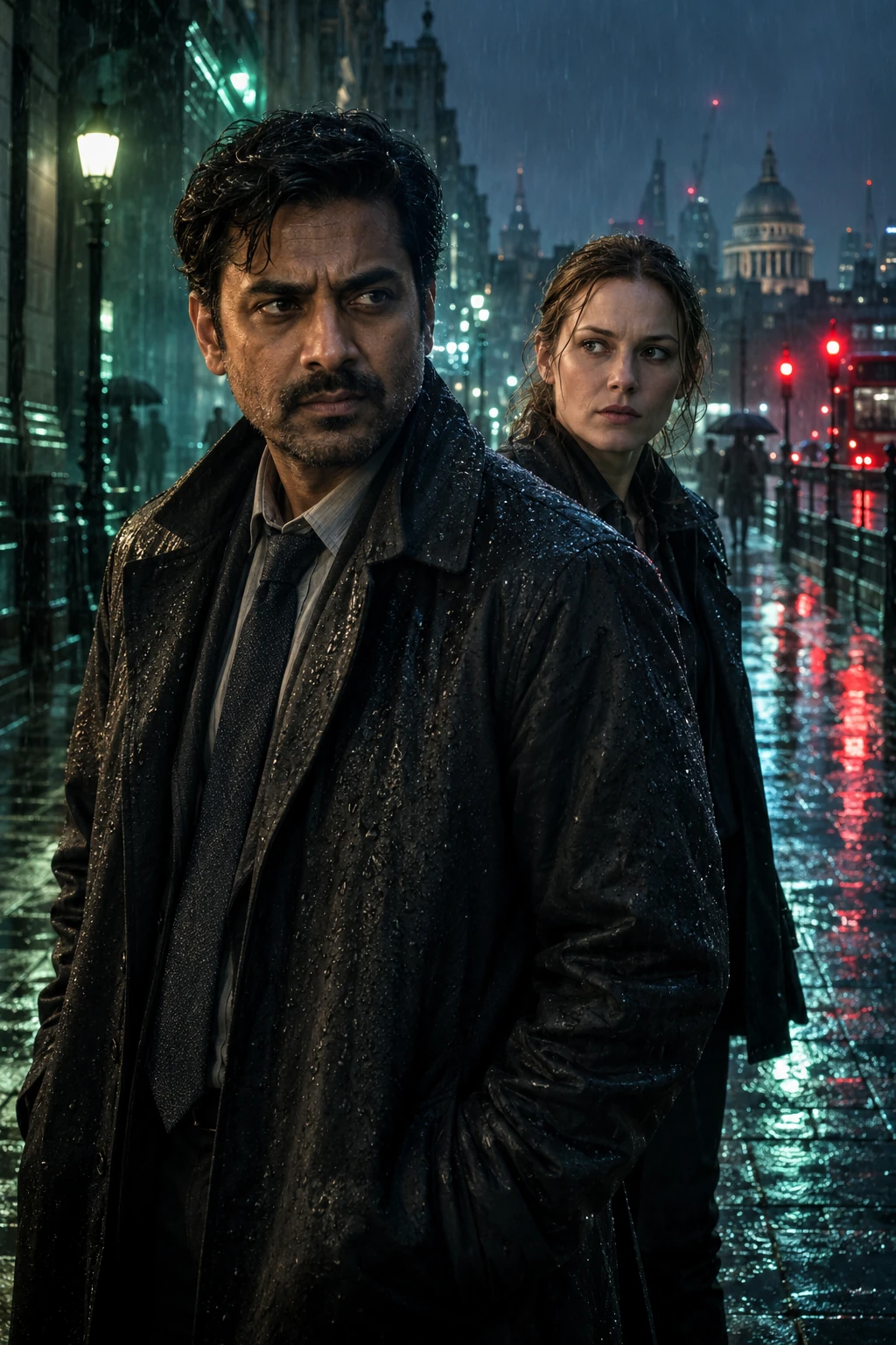A South Asian detective and a white investigator in a rain-soaked city at night