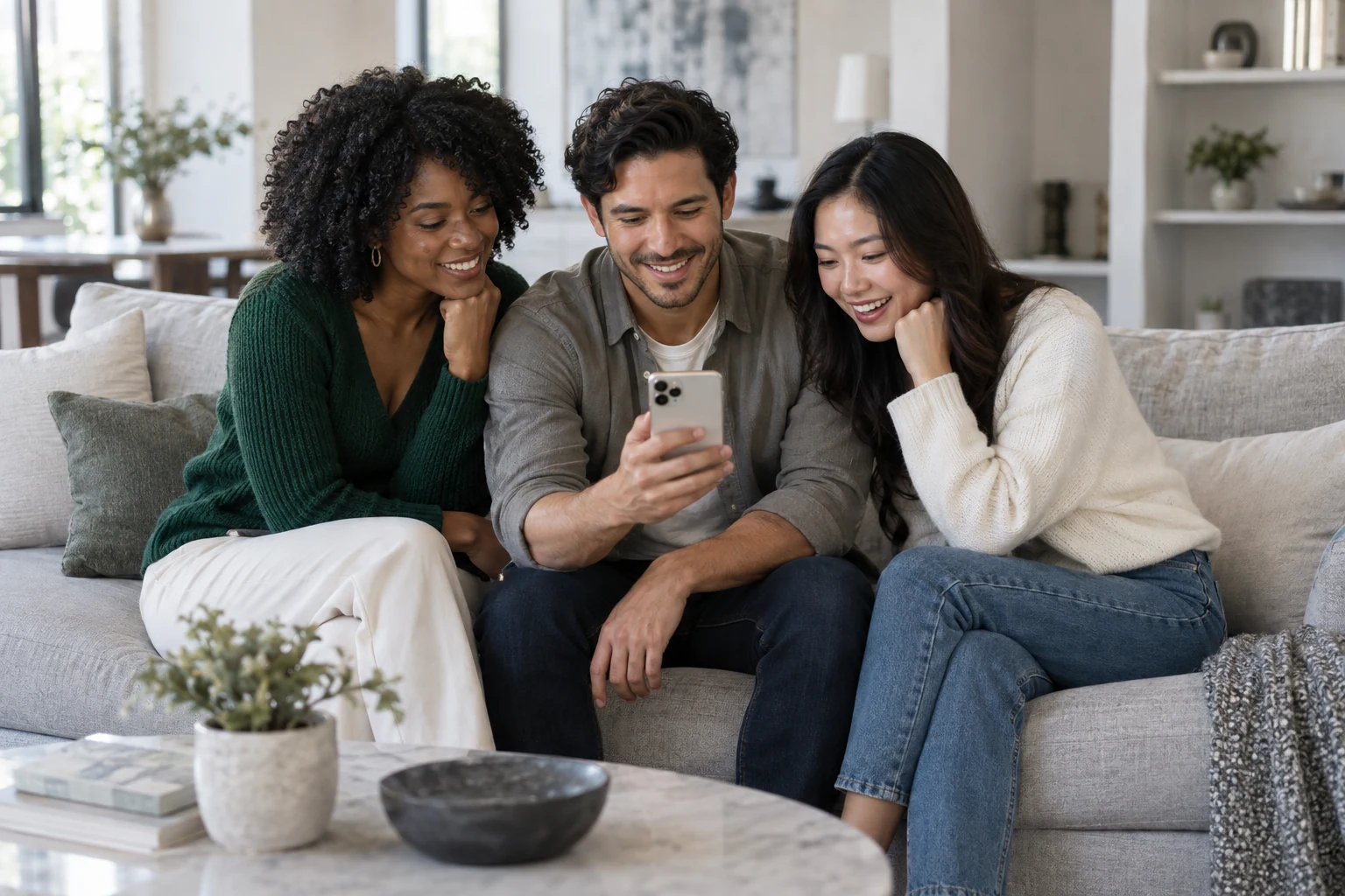 Three adult friends share a laugh while watching a short drama on a phone together on a sofa